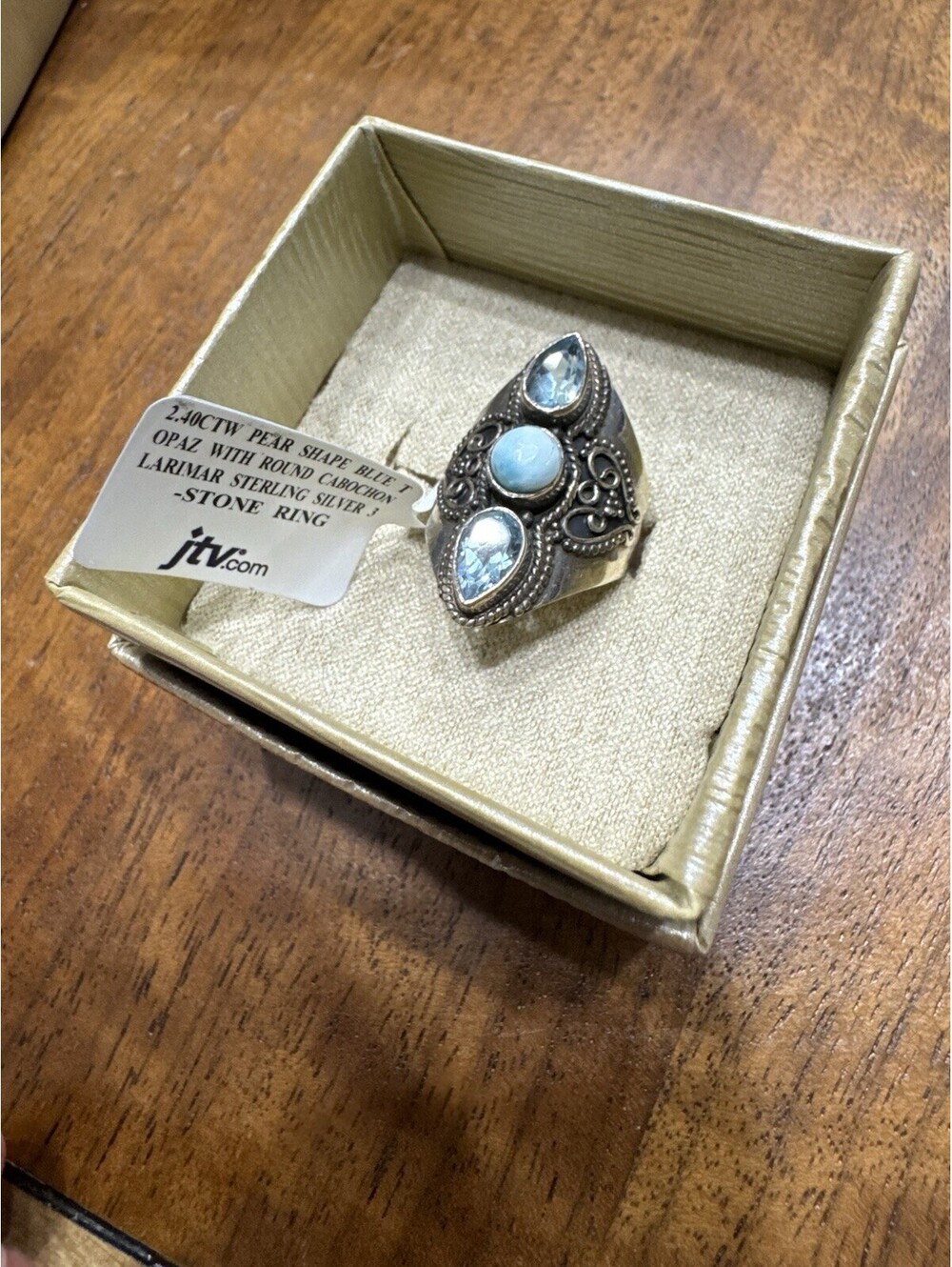 JTV 2.40ctw Pear Shape Blue Topaz W/ Round Cabochon Larimar Sterling Silver Ring - Picture 5 of 7